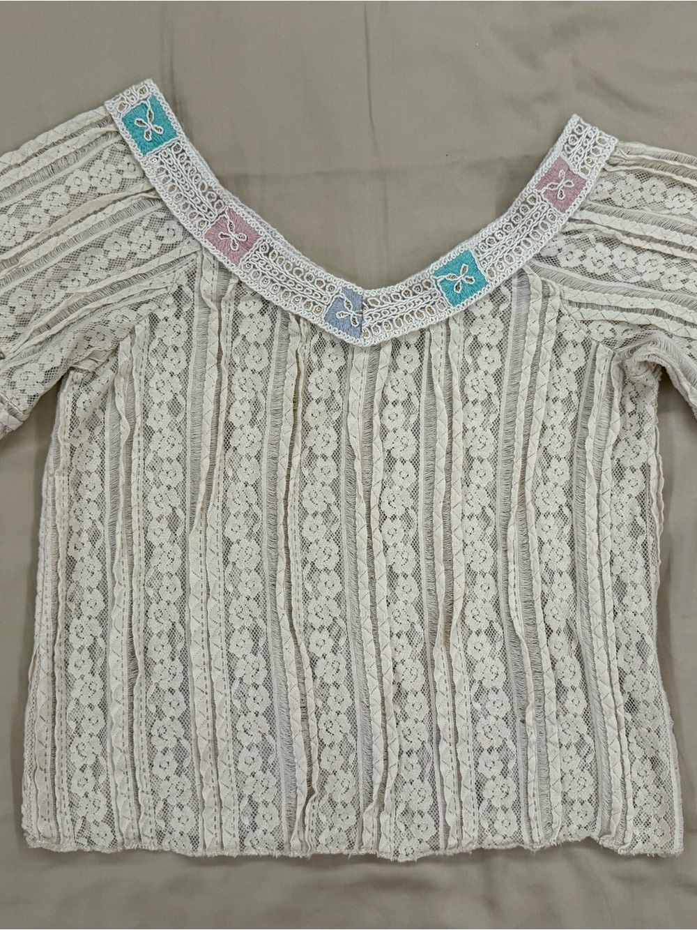 Boho Cream Floral Lace Flutter Sleeve Top Pastel Embroidered Trim